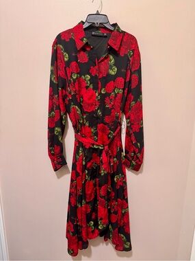 New York & Company Black Dress with Red Rose Print and Green Leaves